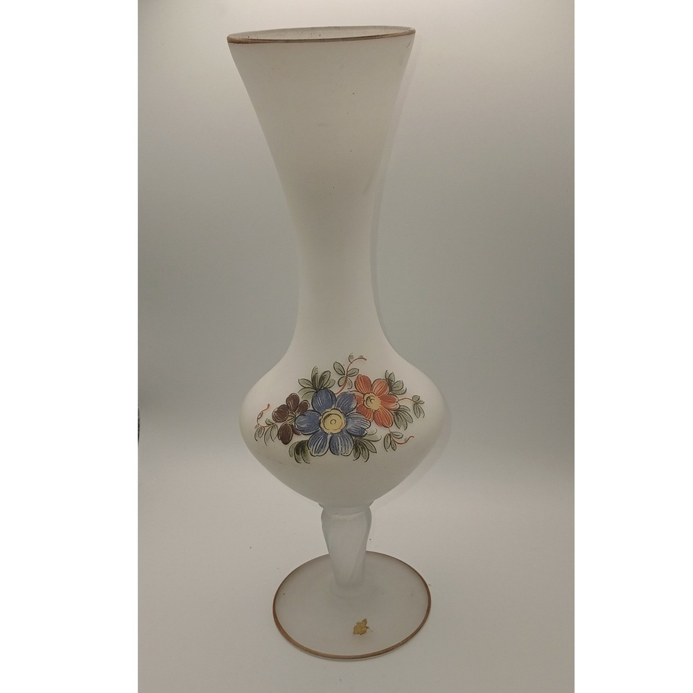 Vintage Norleans Frosted Satin Glass‎ Bud Vase Hand Painted Floral Gold Trim 10"